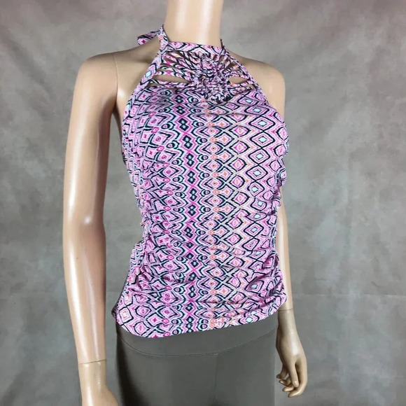 ISLAND ESCAPE Macramé Diamond Print Halter Tankini Top NWT 6 - Picture 1 of 9